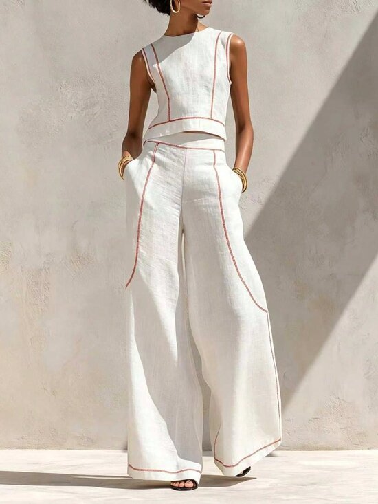 Pants - White Elegant Women's Sleeveless Vest Top & Wide Leg Pants Set